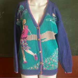 Vintage Hand-Knit Golf Graphic Cardigan